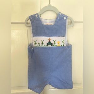 Anavini blue gingham smocked John John, 12m